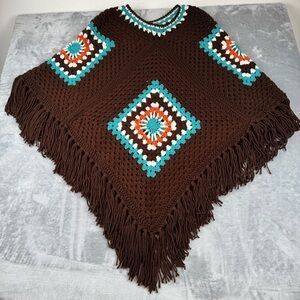 VTG Handmade Crochet Poncho Cape OS Granny Square Boho Festival Hippie Grannie
